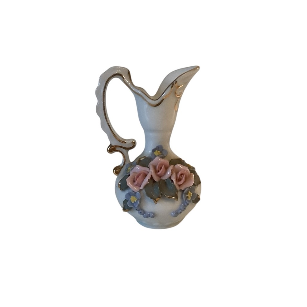 Vintage Mini Pitcher/Vase Signed 1950 Porcelain with Raised Floral Design